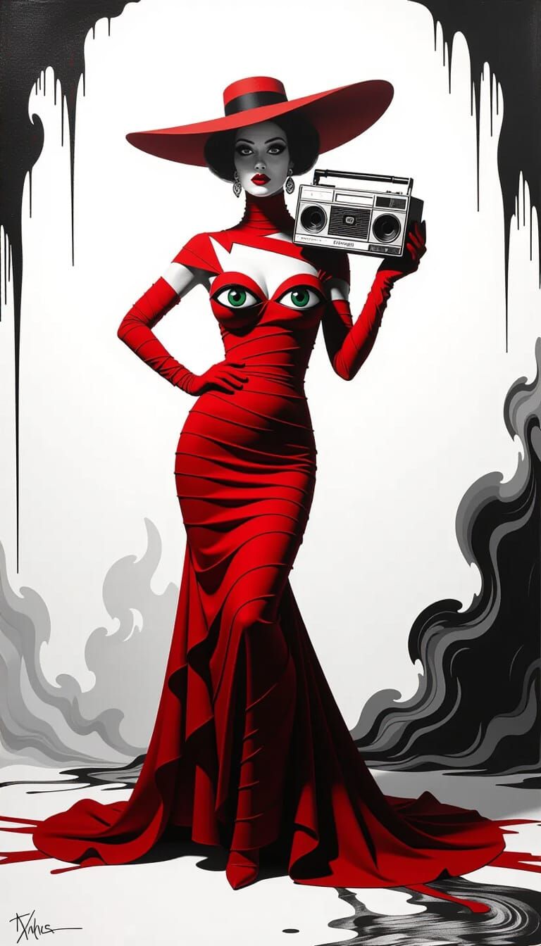 Crimson Bandage Woman with Spooky Eyes & Art Deco Gown