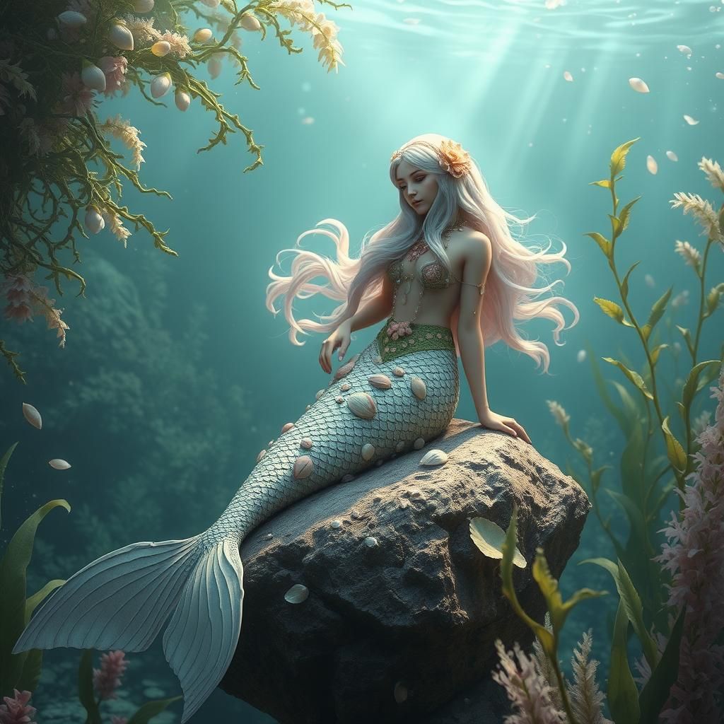 Pastel Mermaid in Underwater Grotto, Matte Painting