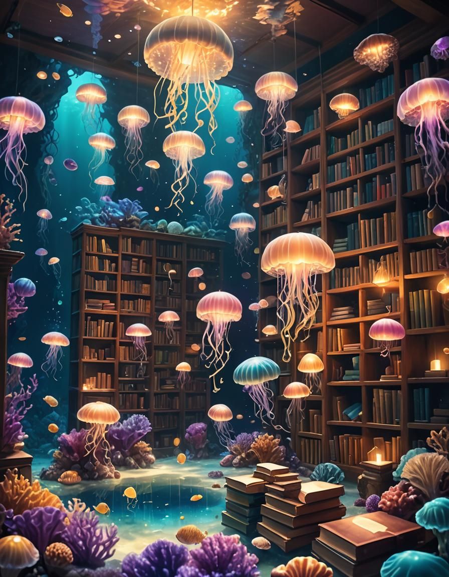 Underwater Library with Bioluminescent Coral Reefs