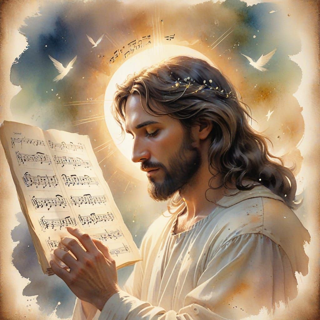 Jesus on Faded Sheet Music in Watercolor Style