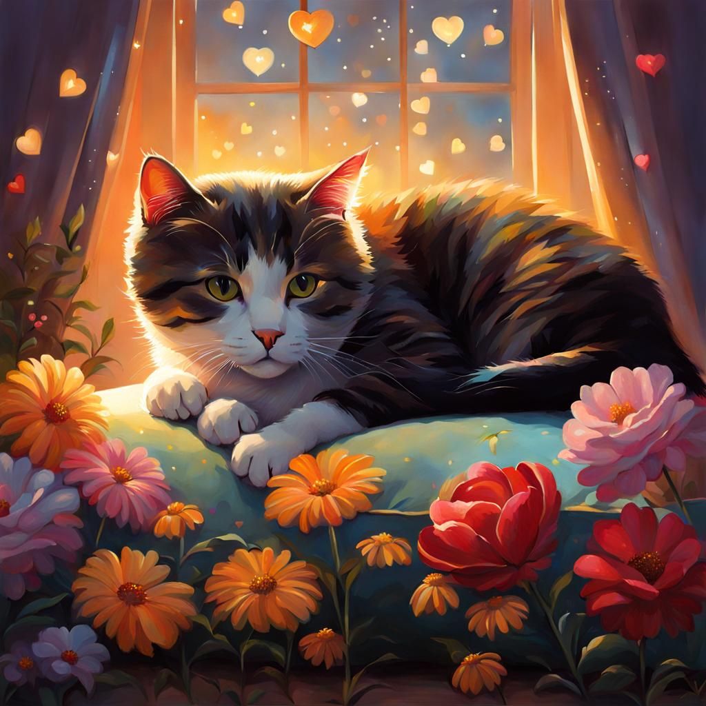 Cute Cat Surrounded by Flowers in Fantasy Art Style