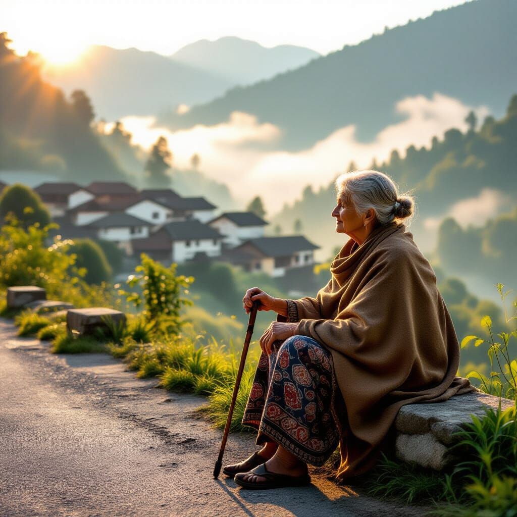 Elderly Woman Resting by Misty Jungle Village