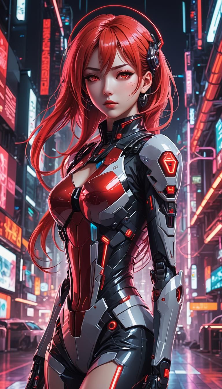 Cyber Anime Girl with Neon Red Aesthetic