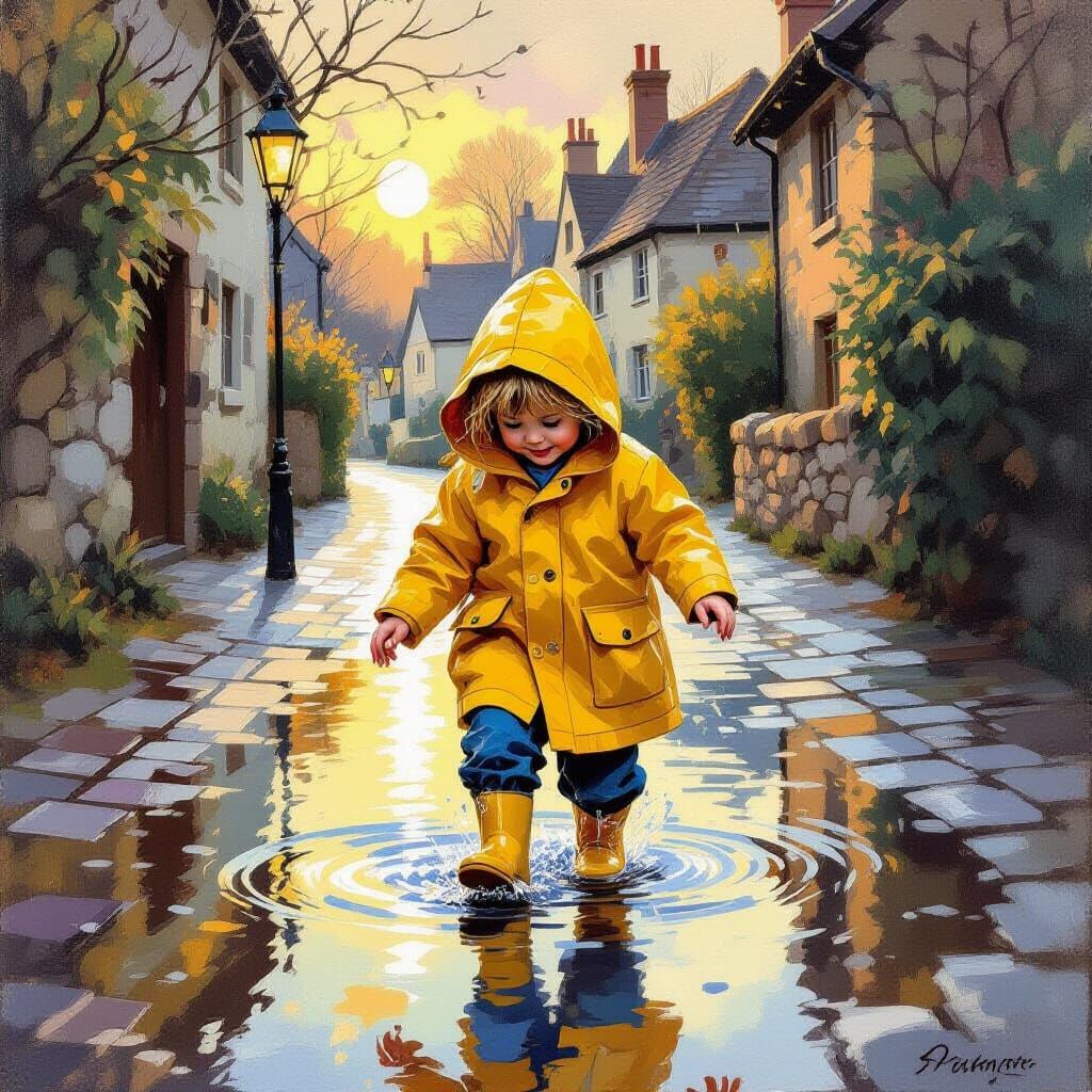 Child Splashing in Golden Rain - Impressionist Style