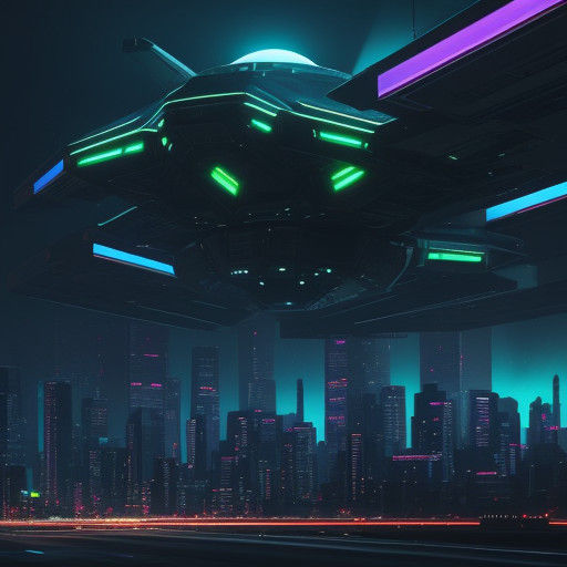 Surreal Cityscape with Low-Poly UFO in Neon-Lit Futuristic A...