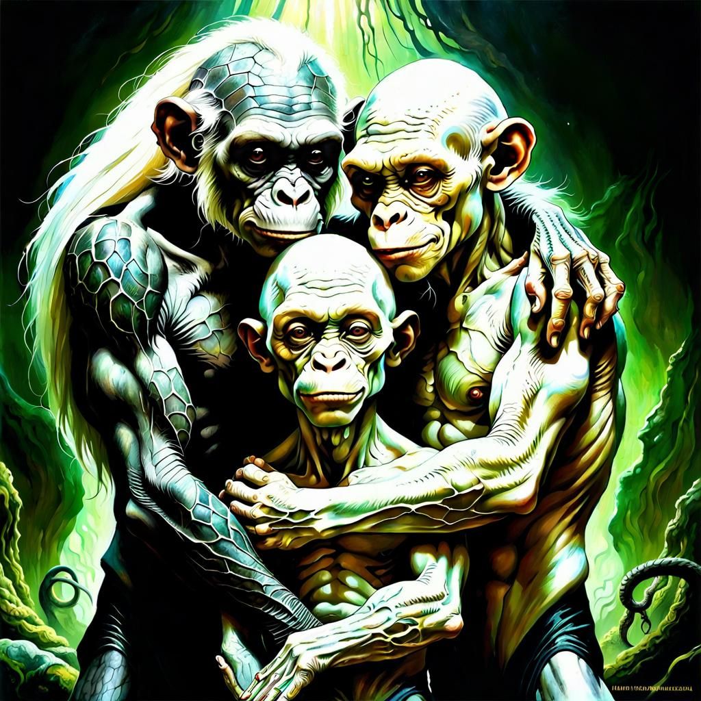 Surreal Tattooed Albino Apes in Fantasy Style