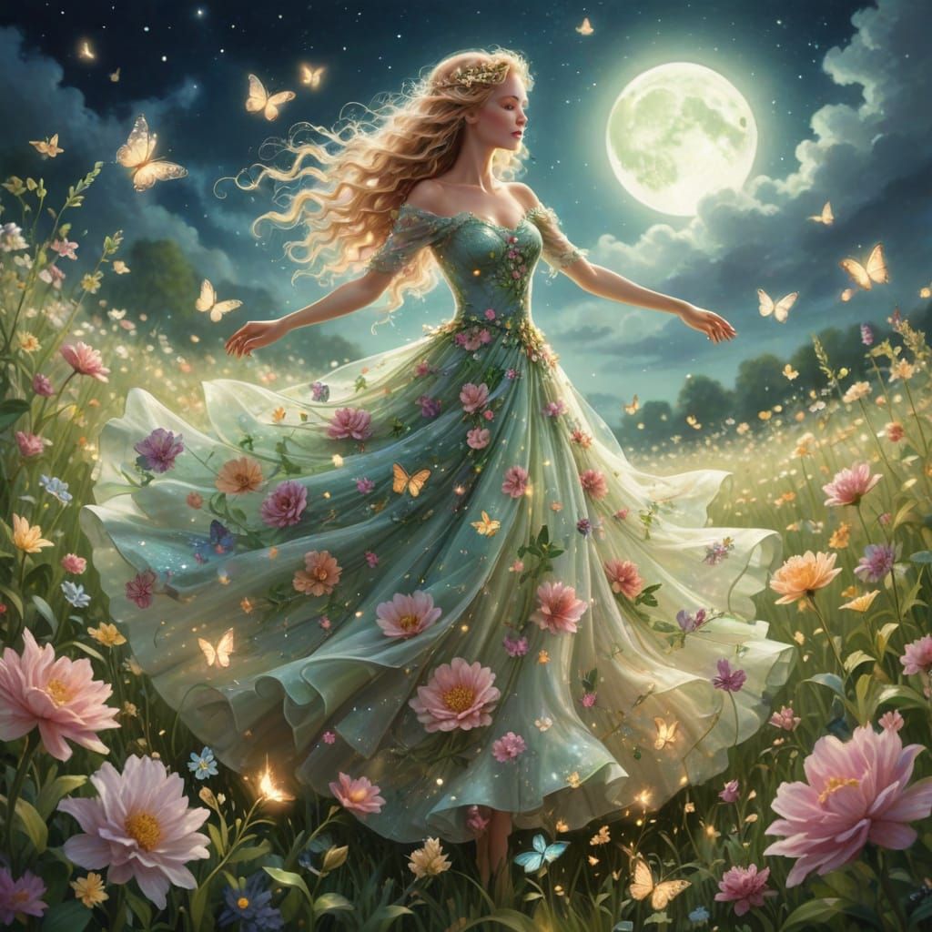Elegant Woman in Floral Gown Dancing Under Moonlight