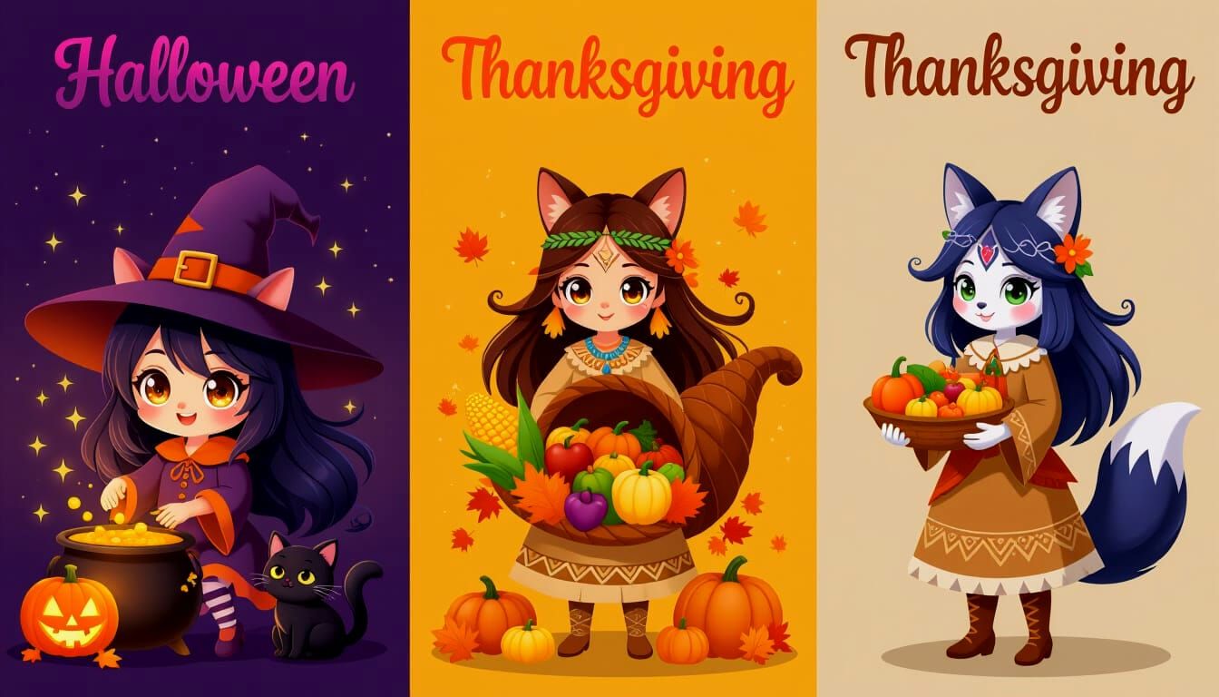 Anime Triptych: Halloween, Thanksgiving, and Christmas Kitsu...