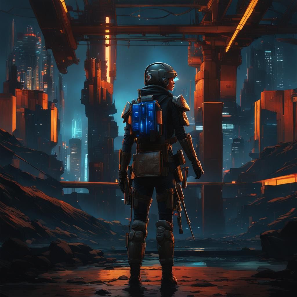 Cyberpunk Woman in Post-Apocalyptic Cityscape