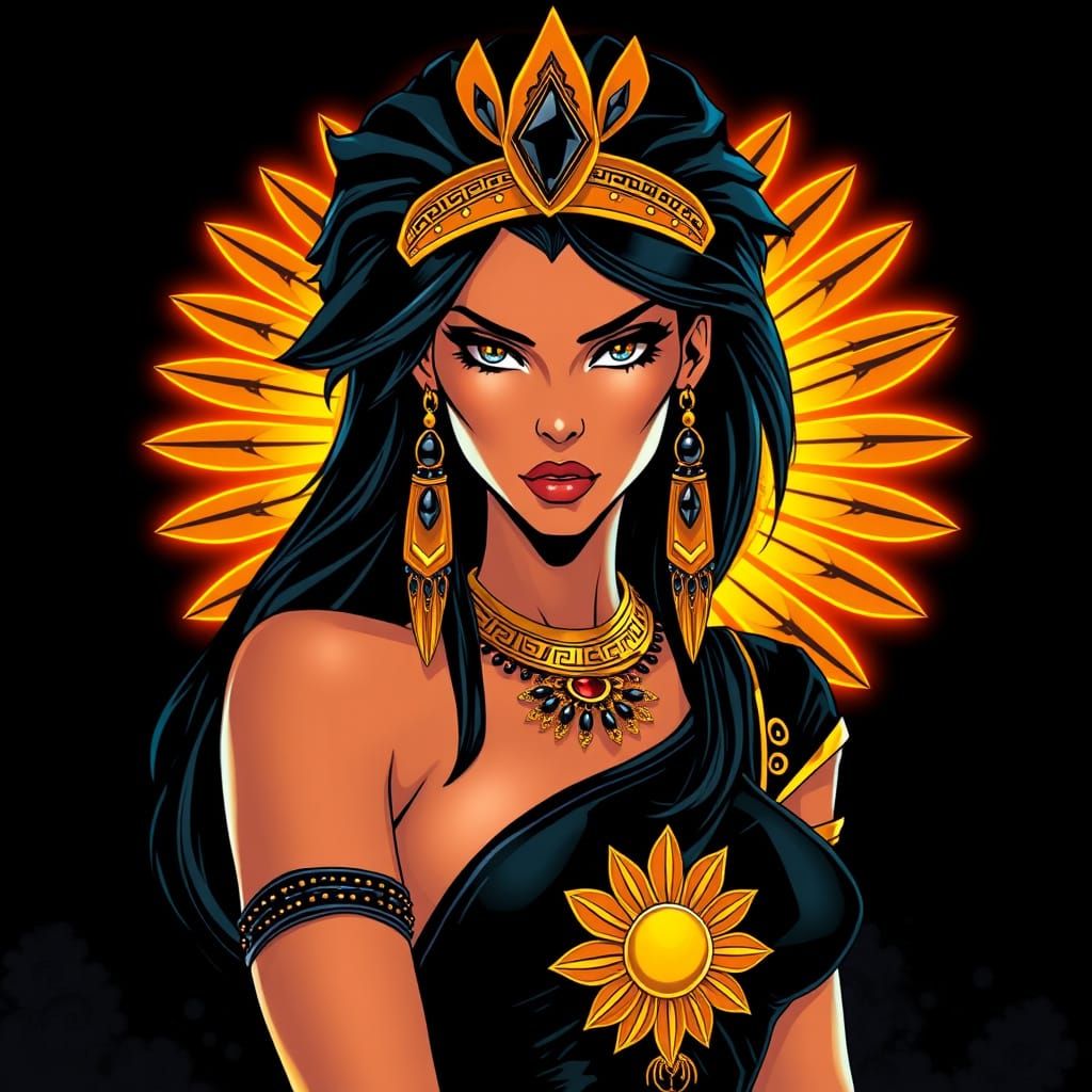 Glamorous Aztec Goddess in 80s Anime Film Noir Style