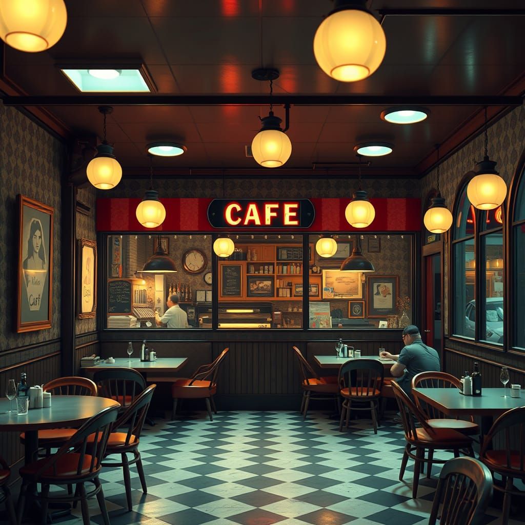 Whimsical Cafe in Vibrant Wes Anderson Tim Burton Style
