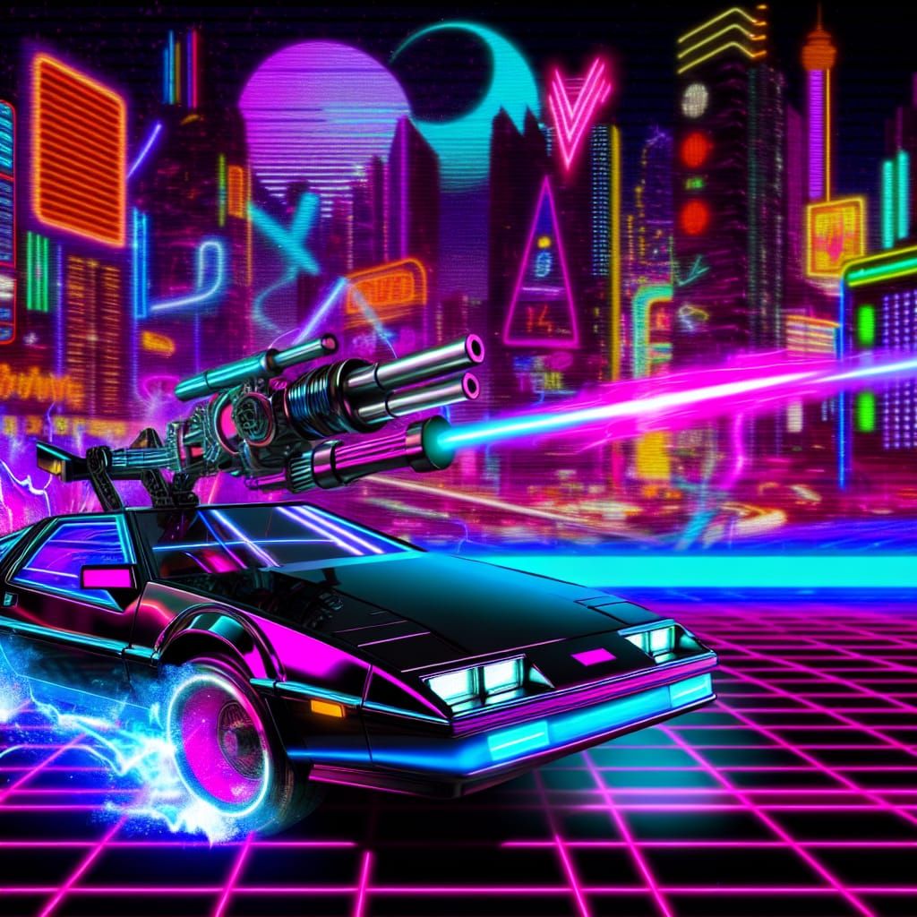 Synthwave Battle Car in Neon Cityscape