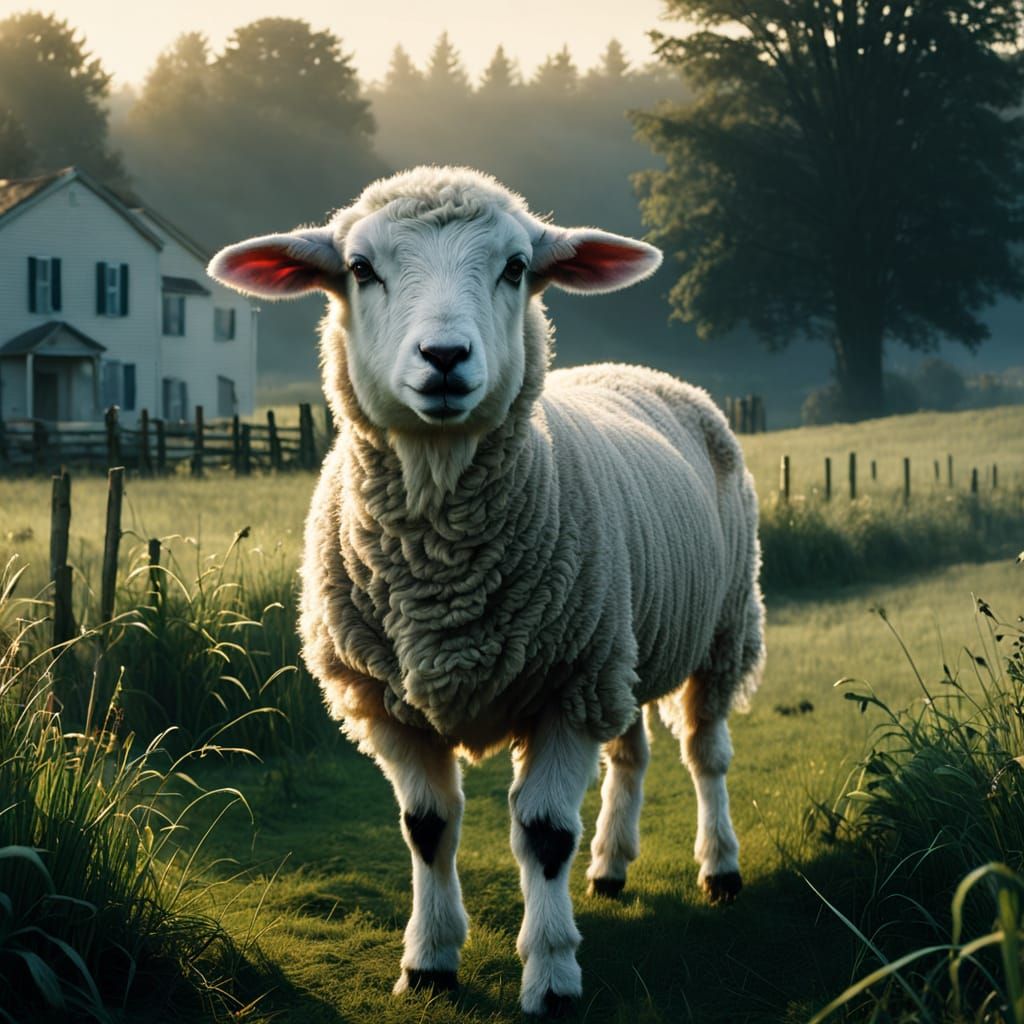 Hyperrealistic Lamb in Field, Crewdson Style