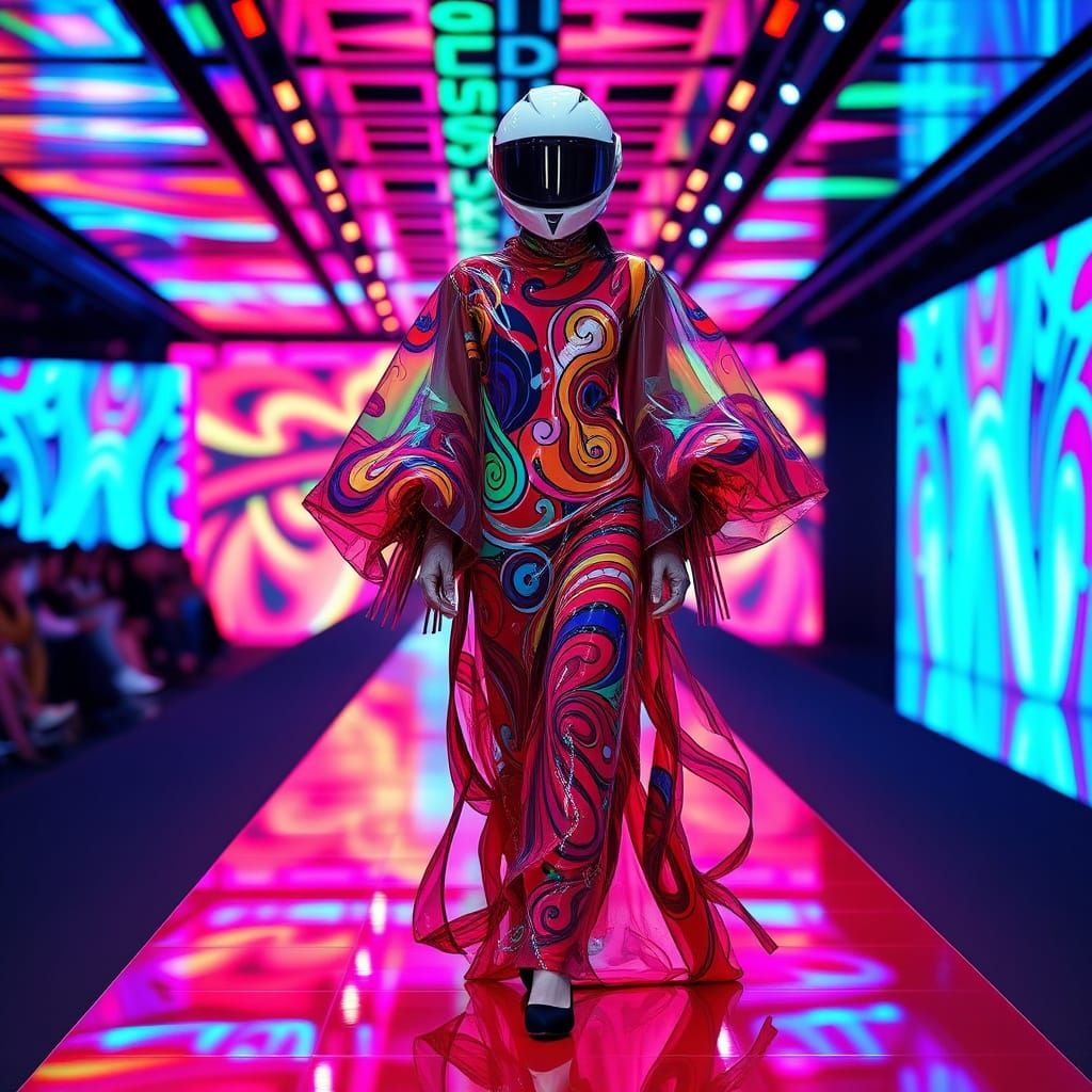 Fashion Model Struts Down Neon Runway in Ultra-Long Gown