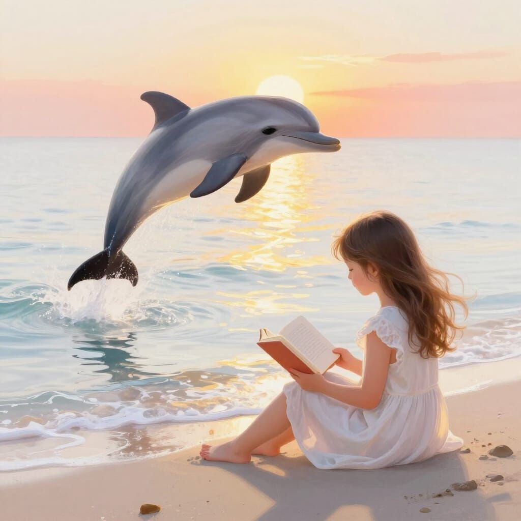 Girl Reading by White Ocean at Sunset with Leaping Dolphin