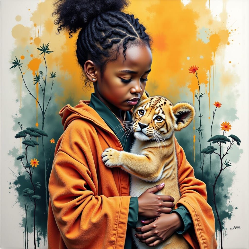 african girl in textured robes and Lion Cub. Vibrant detaile...