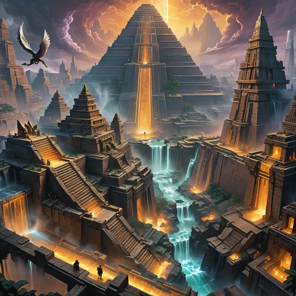 Cyberpunk Aztec City with Serpent Deity