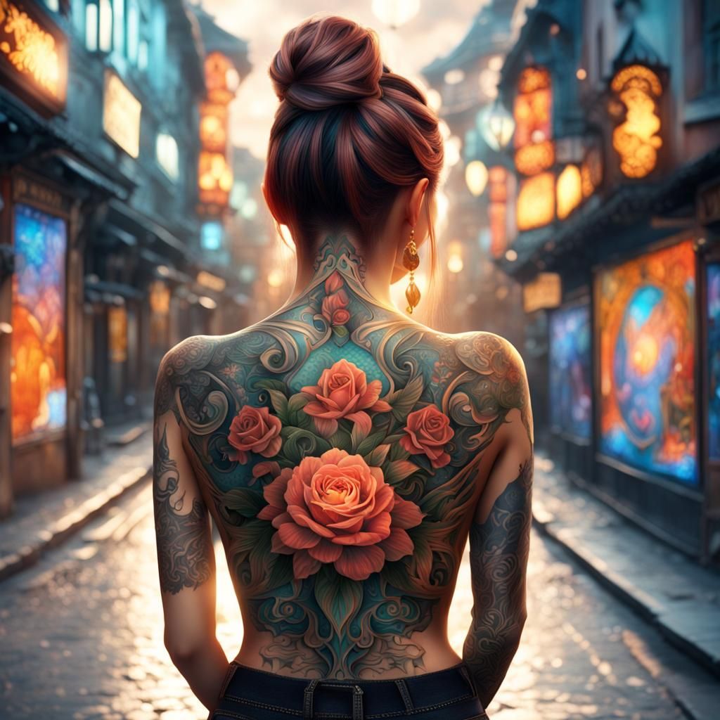 Woman with Illuminated Back Tattoo: Detailed Matte Painting