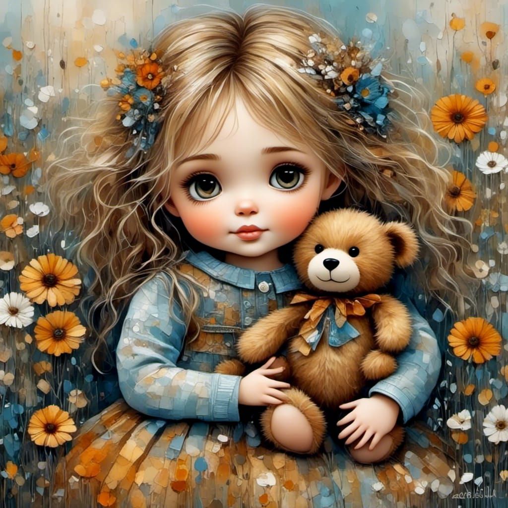 Toddler and Teddy Bear Spring Storybook Illustration