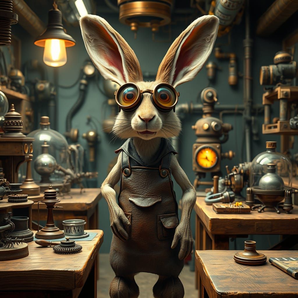 Steampunk Rabbit Inventor in Claymation Style Laboratory