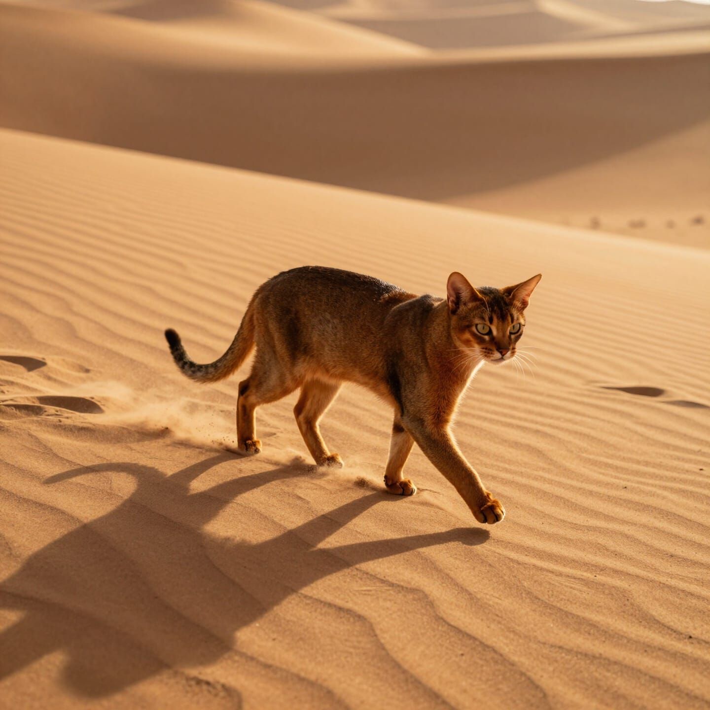 Abyssinian Cat on Sand Dune at Golden Hour