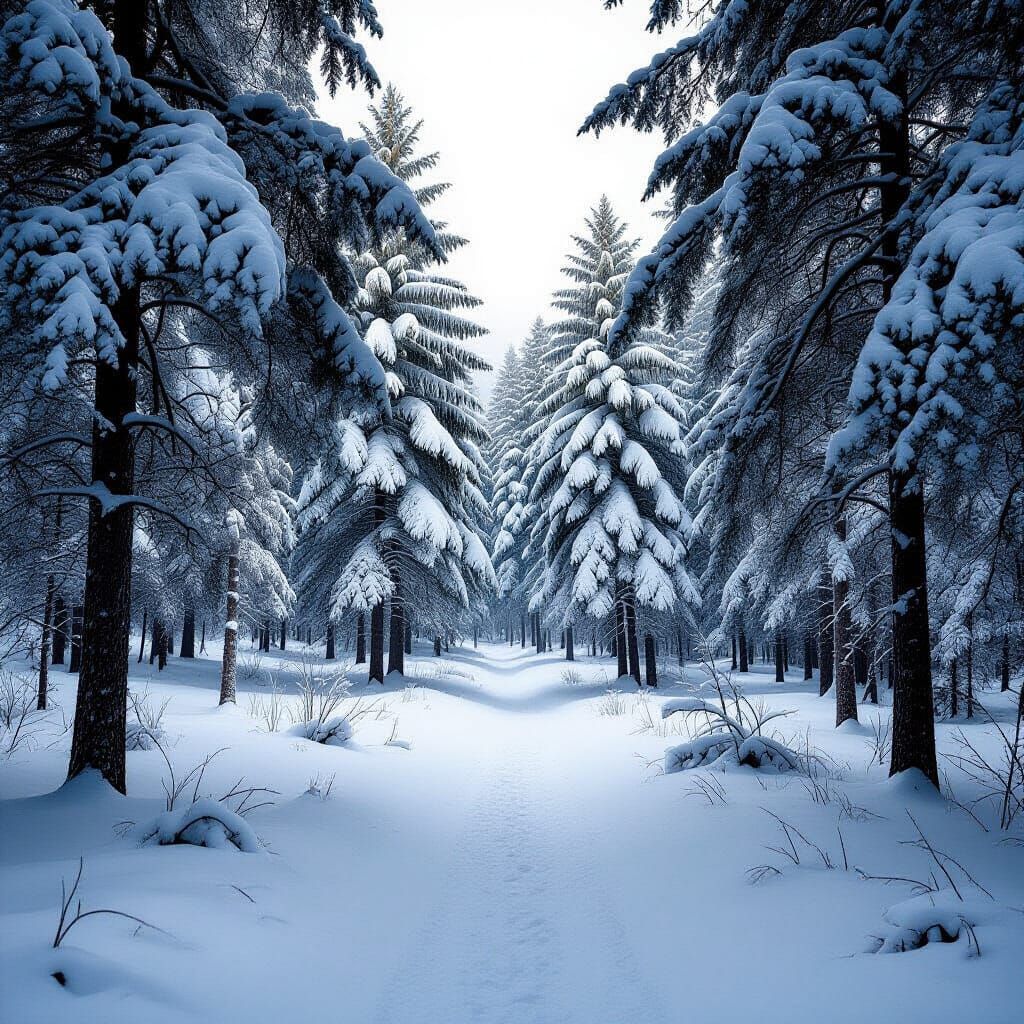 Cinematic Winter Pine Forest in Black and White