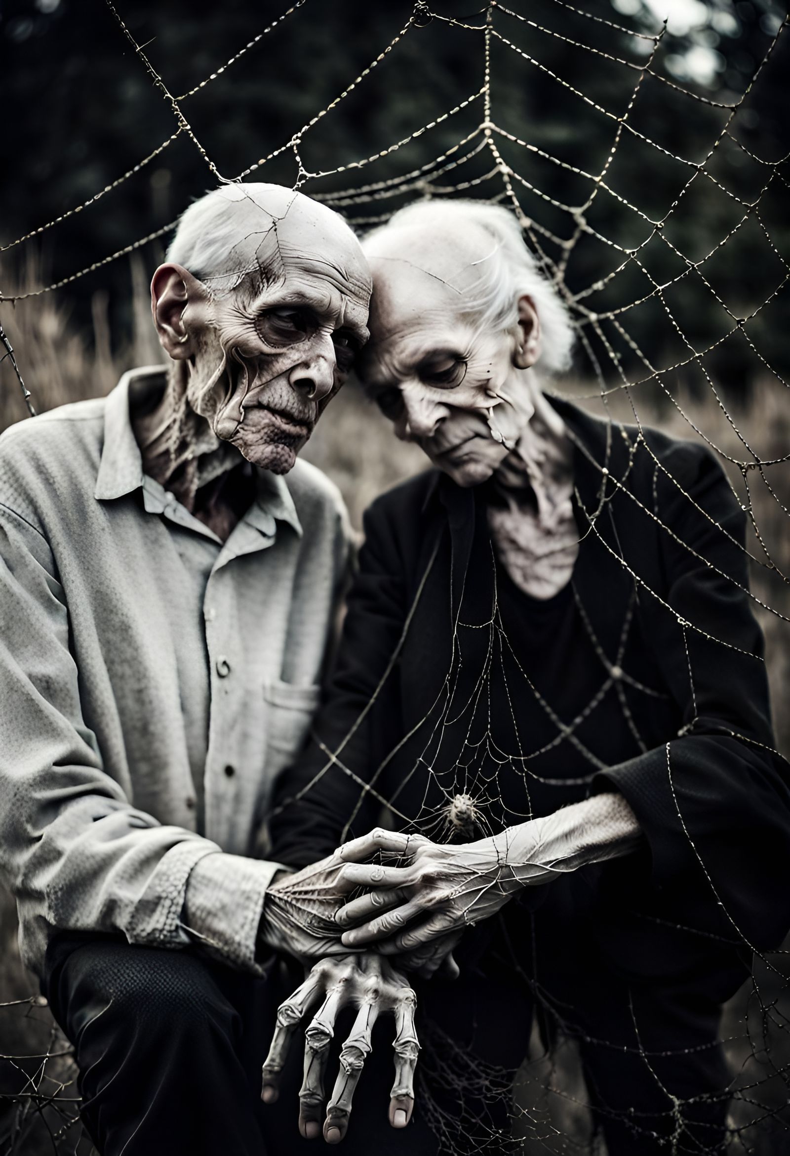 Skeletal Couple Entwined in Webs, Graveyard Scene