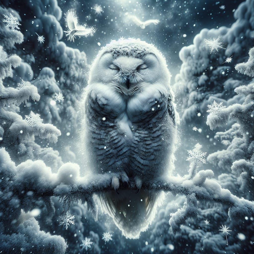 Snowy Owl Perched on Snowy Branch