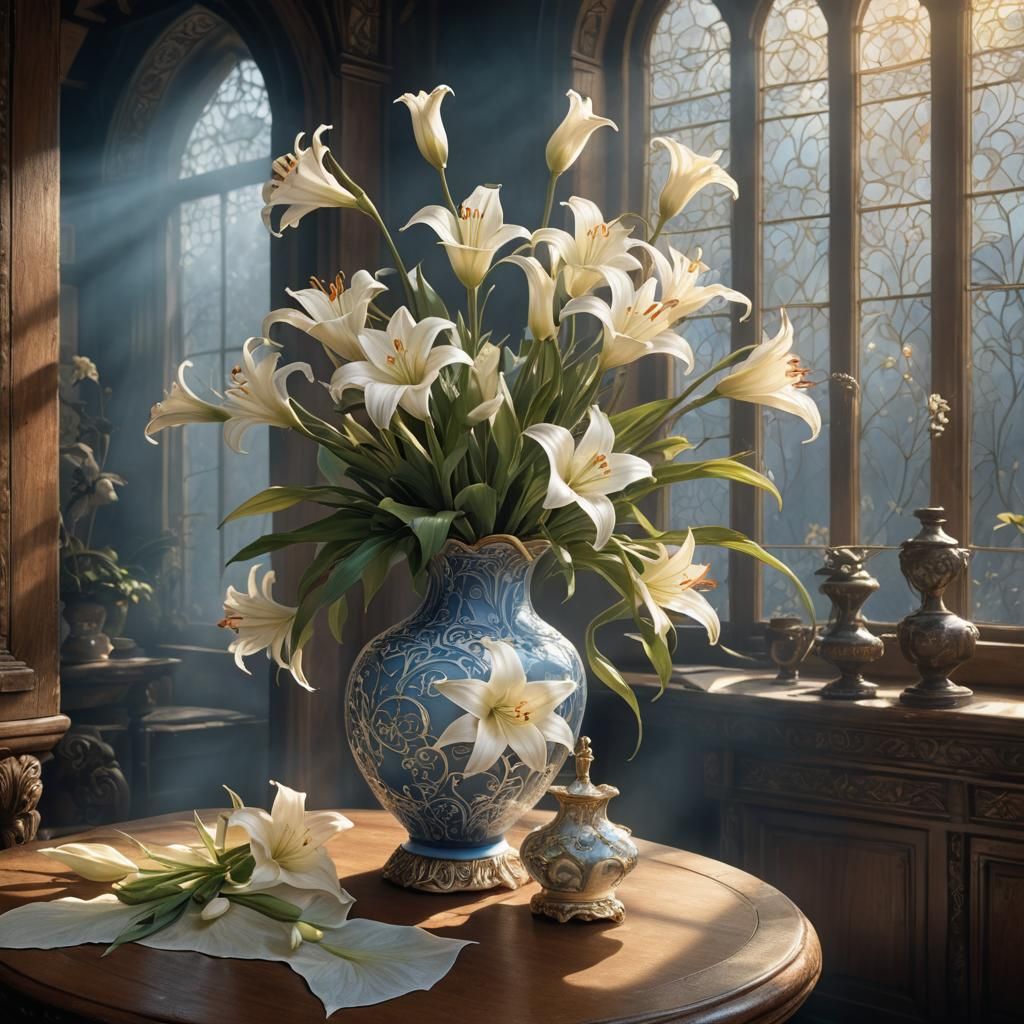 White Lilies in Porcelain Vase: Fantasy Matte Painting