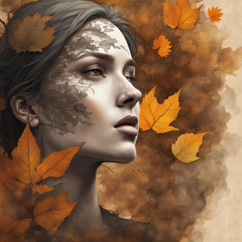 Woman's Profile in Mixed Media Double Exposure