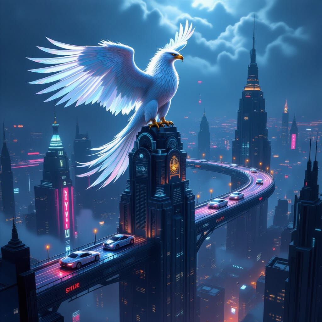 Griffin on Art Deco Skyscraper in Futuristic Metropolis