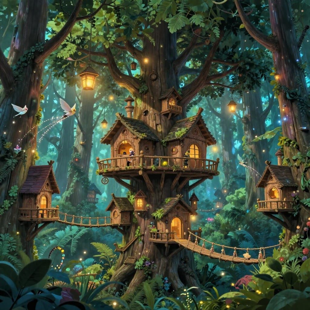 Enchanted Treehouse Village in Bioluminescent Forest