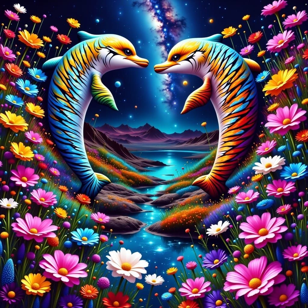 Tiger Striped Dolphins in Graffiti Splash Art