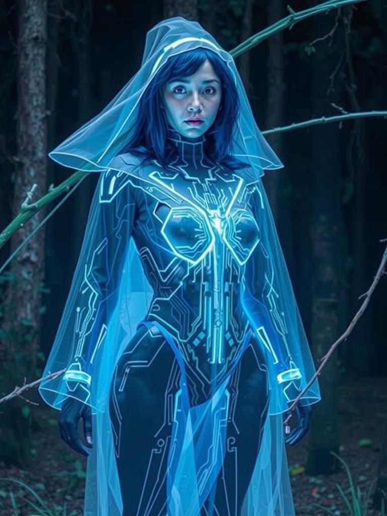 Ethereal Woman in Futuristic Suit, Mystical Forest