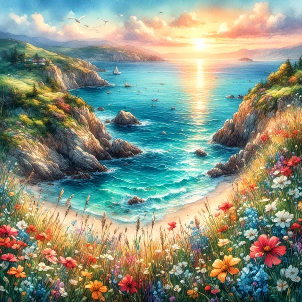 Tranquil Shore at Dusk in Watercolor Gouache