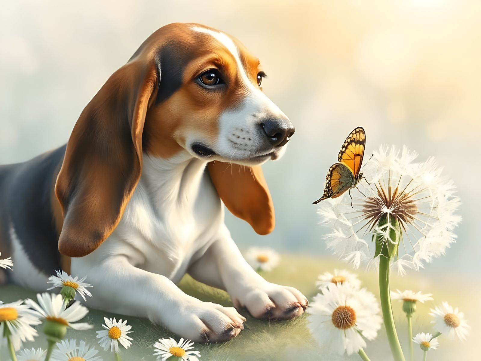 Smiling Basset Hound with Butterfly Amidst Dandelions