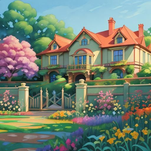 House with Garden in Gouache Impressionist Style