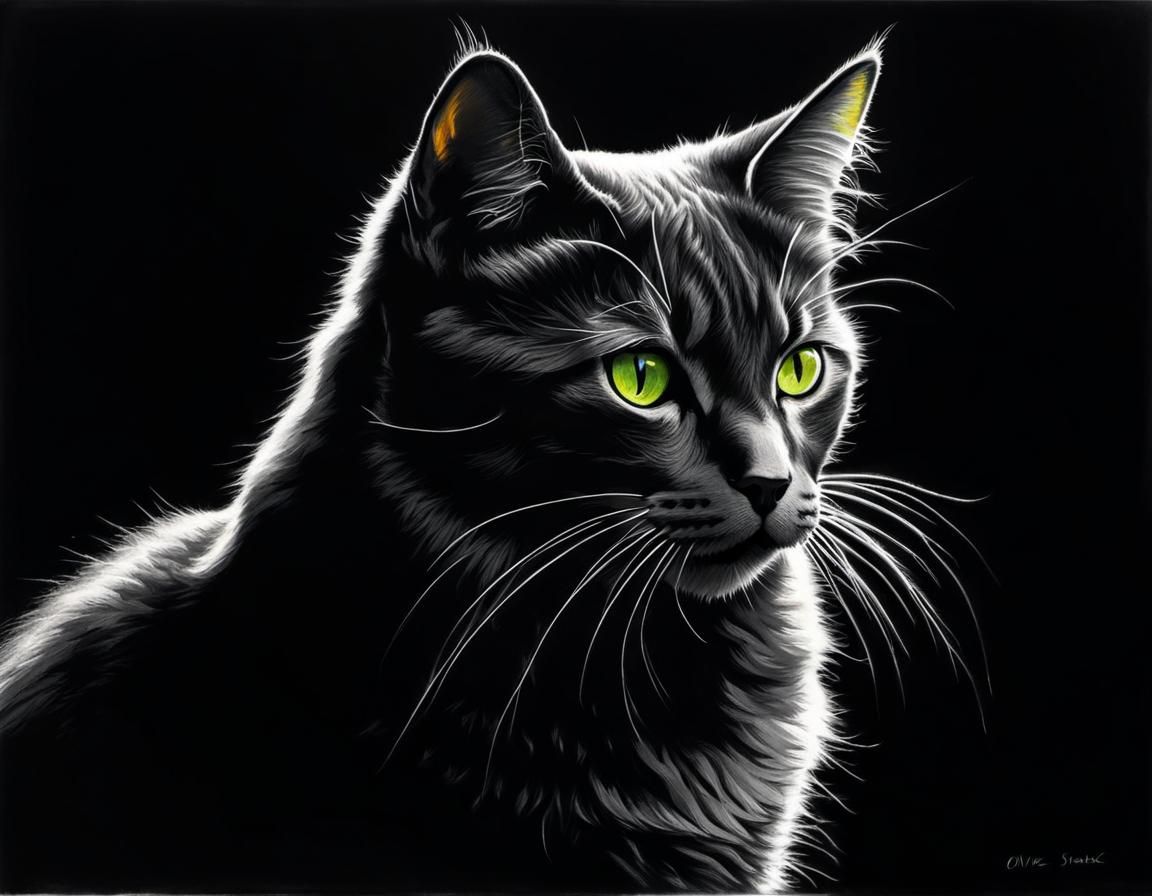 Dramatic Charcoal Cat Silhouette with Green Eyes