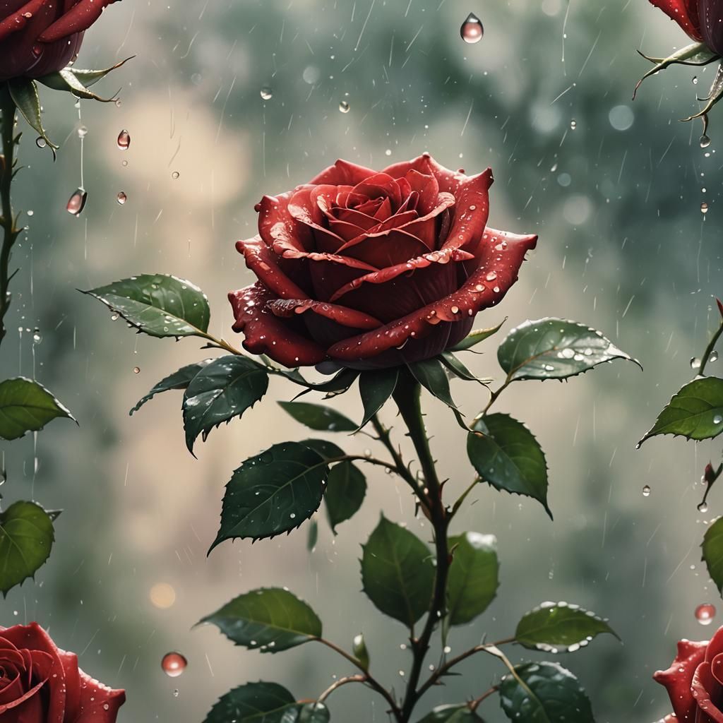 Single Red Rose with Water Droplets: Digital Painting