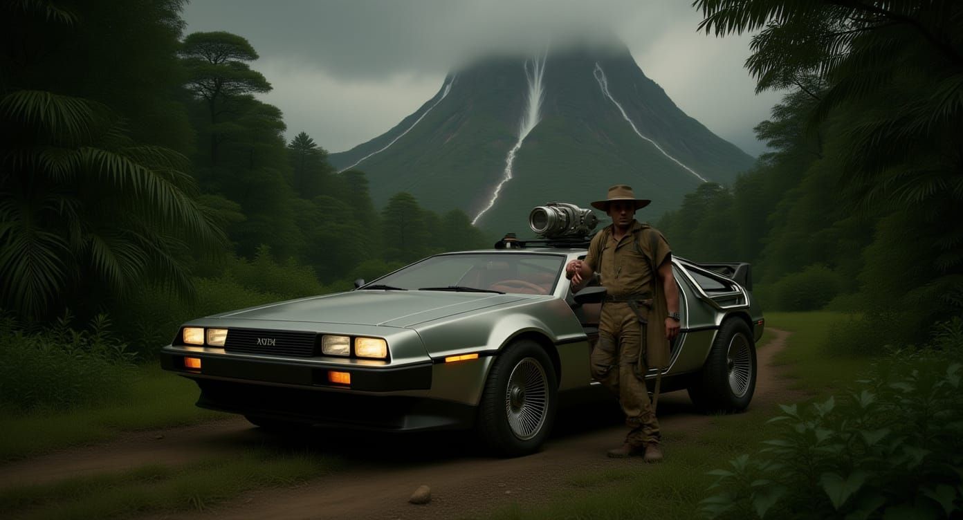 Time Traveler in Jurassic Era Landscape