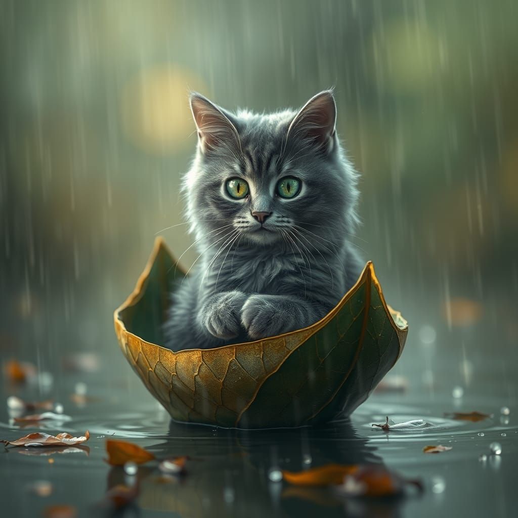 Mystical Cat in Leaf Boat During Rainstorm
