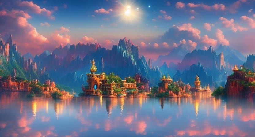 Radiant Moonscape with Starry Waterfalls, Digital Painting