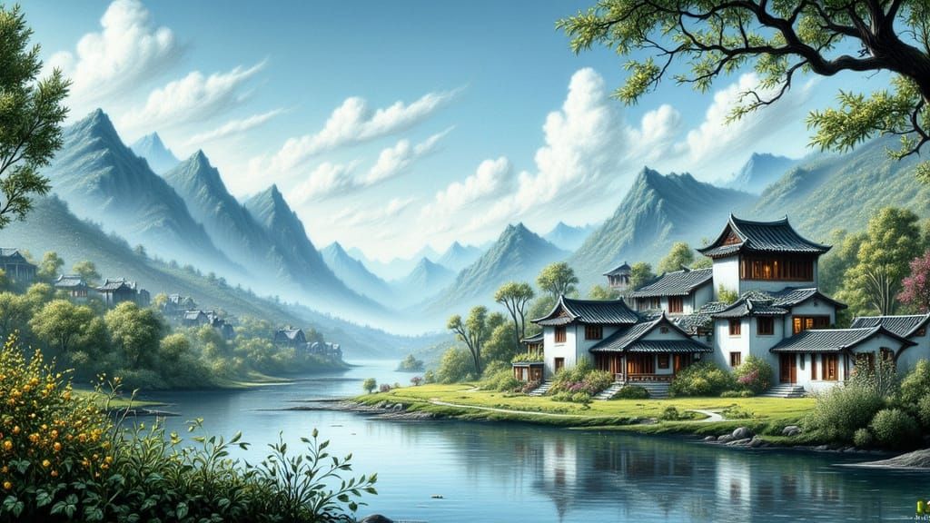 Serene Chinese Village Reflecting in River, Ink Wash Paintin...