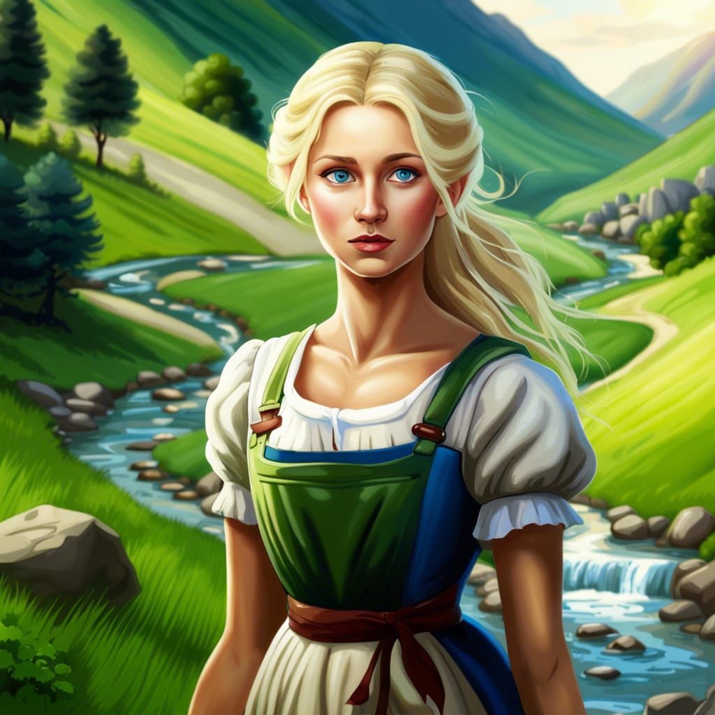 European Village Maid Walking in Lush Valley