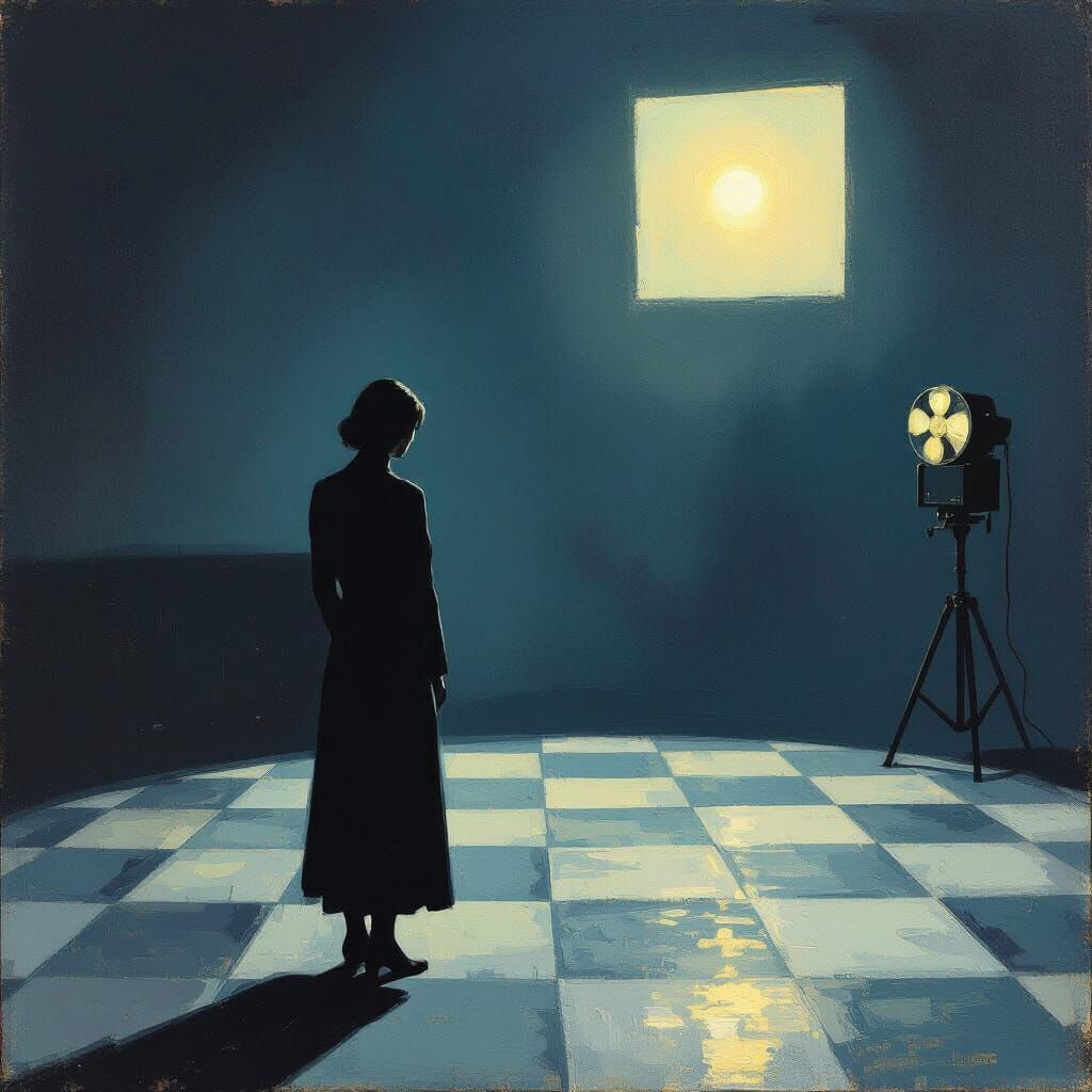 Melancholy Figure on Dim Dance Floor, Hopper-O'Keeffe Style