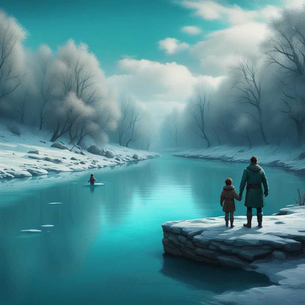 Winter River Scene: Matte Painting in Teal