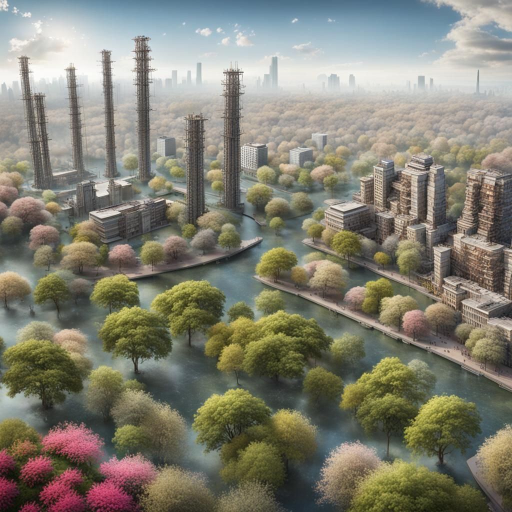 Futuristic City Rebuilt After Collapse, Detailed Matte Paint...