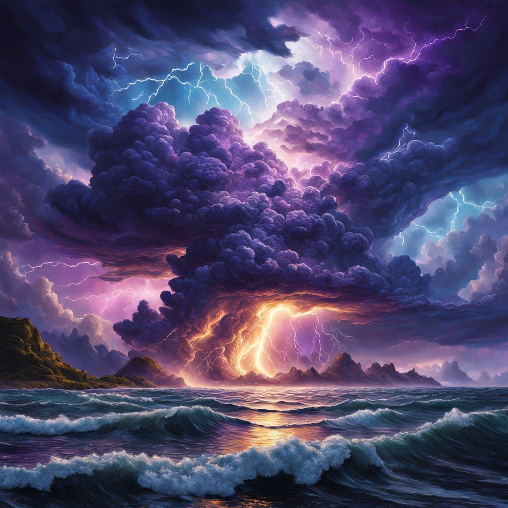 Surreal Oceanic Thunderstorm Unfolds in Vibrant Oil Painting...