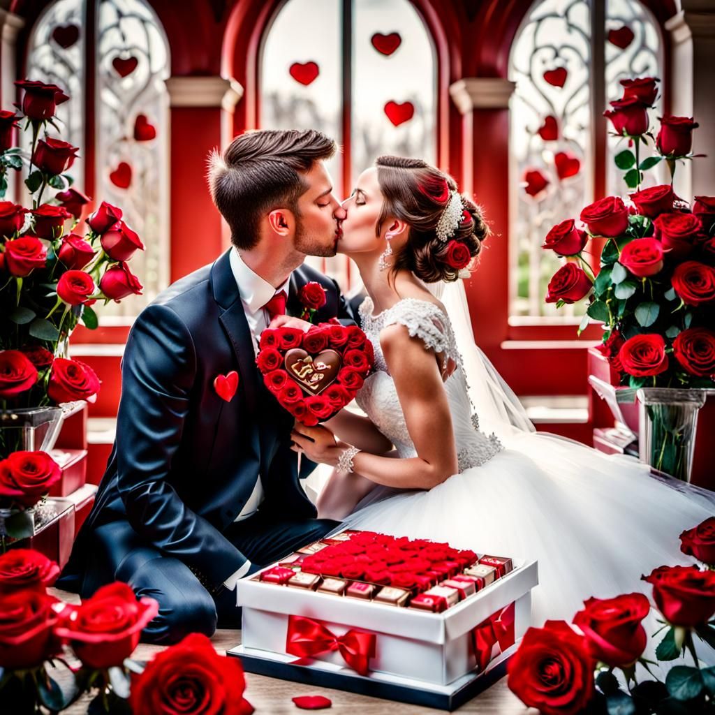Valentine's Day Wedding Kiss with Red Roses