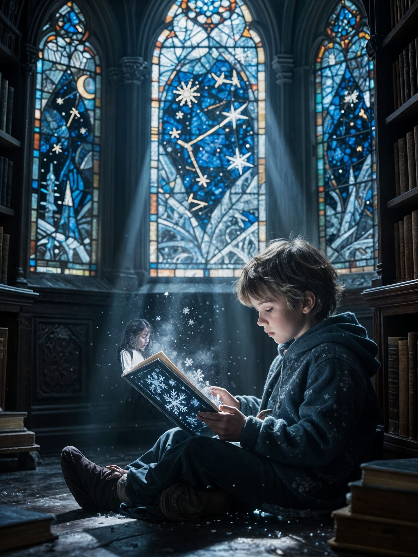Child Reads Ice Books in Forgotten Gothic Library